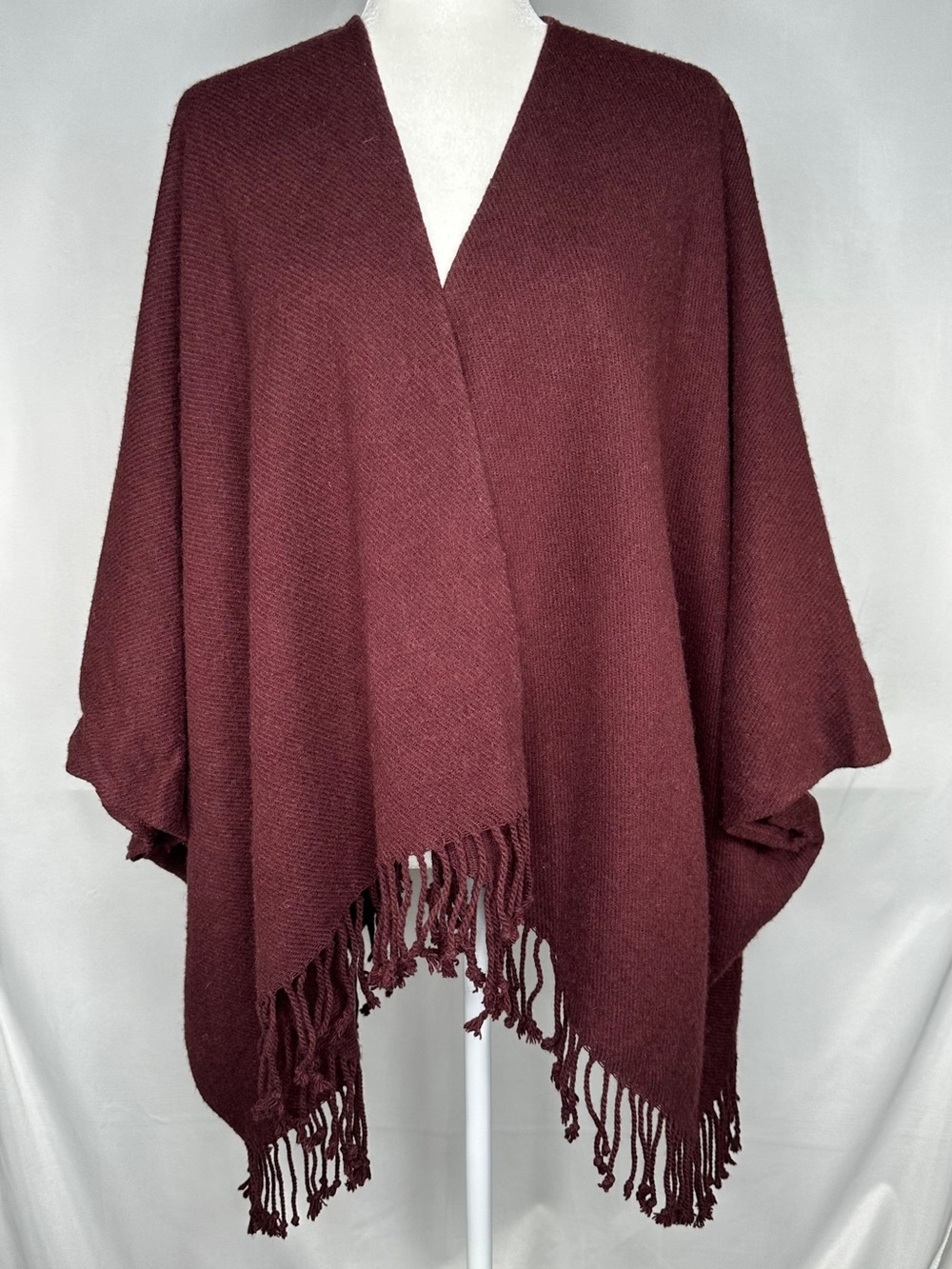 Talbots Burgundy Fringe Poncho Sweater Open Front Shrug Bohemian Sz O/S